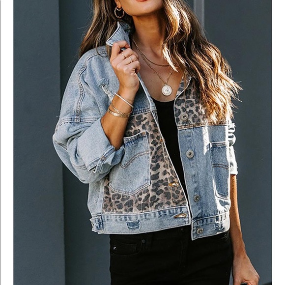 RESTOCKED ~ CONTRAST LEOPARD PRINT DENIM JACKET - Picture 3 of 10